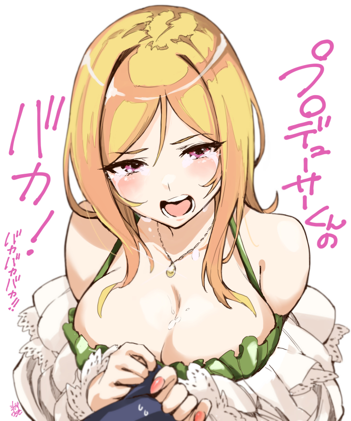 1boy 1girl bare_shoulders blonde_hair blush breasts camisole cleavage collarbone crying dot_nose eyelashes green_camisole hair_between_eyes hair_over_shoulder half-closed_eyes holding_another's_arm huge_breasts idolmaster idolmaster_million_live! idolmaster_million_live!_theater_days jewelry lace-trimmed_shirt lace_trim long_hair mitogawawataru momose_rio nail_polish necklace off_shoulder open_mouth parted_bangs producer_(idolmaster) shirt sidelocks signature simple_background sobbing solo_focus spaghetti_strap straight_hair tearing_up tears teeth translation_request white_background
