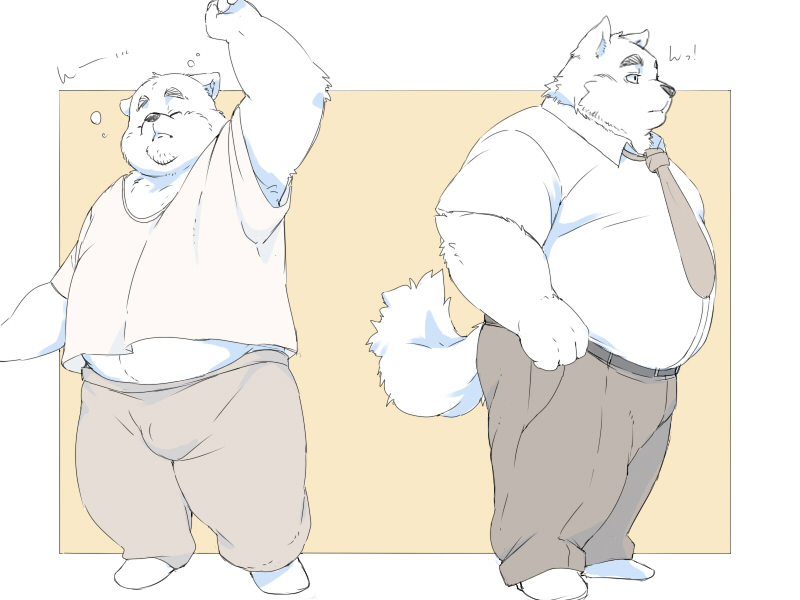 2021 4:3 anthro belly bottomwear bulge canid canine canis clothing domestic_dog duo eyes_closed inunoshippo kemono male mammal necktie overweight overweight_male pants shirt tired topwear ursid
