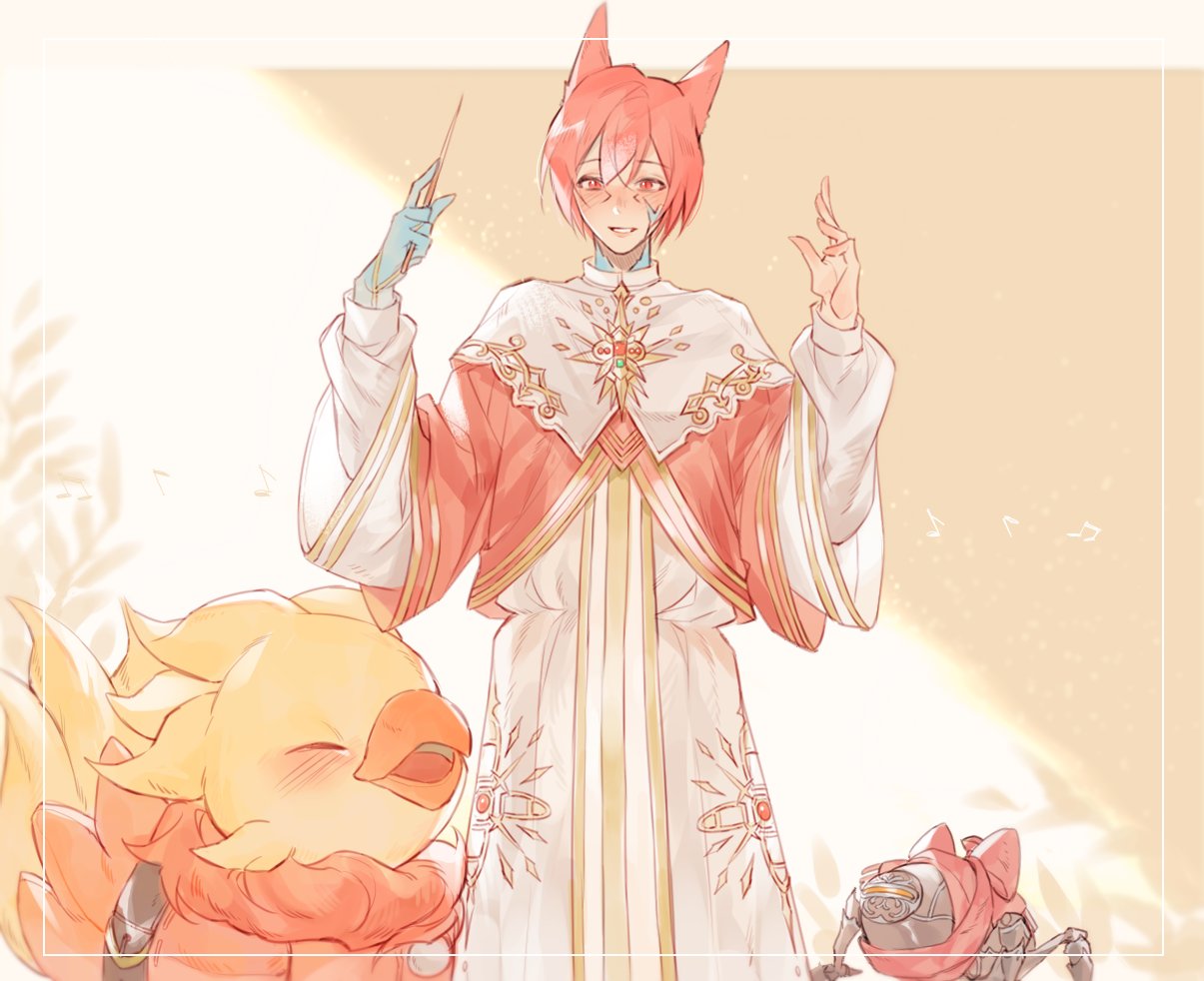 1boy alpha_(ff14) alternate_costume blush bow chocobo closed_eyes crystal_exarch final_fantasy final_fantasy_xiv g'raha_tia hands_up holding long_sleeves male_focus material_growth omega_(final_fantasy) red_bow red_eyes red_hair robe short_hair smile tladpwl03 white_robe