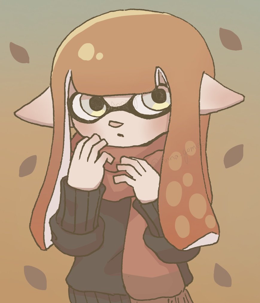 1girl anna_gomesi autumn_leaves black_sweater brown_background brown_hair brown_scarf commentary_request falling_leaves gradient_background inkling inkling_girl inkling_player_character leaf long_hair pointy_ears scarf simple_background sleeves_past_wrists solo splatoon_(series) sweater tentacle_hair upper_body yellow_eyes