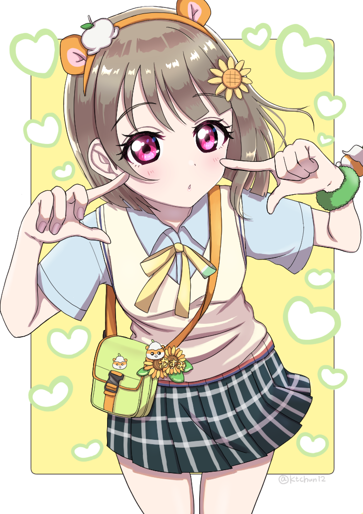 1girl animal_ears bag blue_shirt blue_skirt blush border collared_shirt commentary_request coro_coro_kuririn fingers_to_cheeks flower grey_hair hair_flower hair_ornament hairband hamster_ears heart looking_at_viewer love_live! love_live!_nijigasaki_high_school_idol_club morupuru nakasu_kasumi neck_ribbon nijigasaki_academy_school_uniform orange_hairband outside_border parted_lips plaid plaid_skirt pleated_skirt purple_eyes ribbon sanrio school_uniform shirt short_hair short_sleeves shoulder_bag skirt solo standing summer_uniform twitter_username upper_body vest white_border wrist_cuffs yellow_background yellow_ribbon yellow_vest