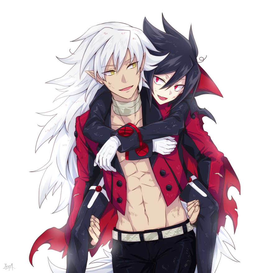 2boys black_hair carrying disgaea fenrich_(disgaea) fingernails gloves issa_(sorako45) jacket long_hair makai_senki_disgaea_4 male_focus multiple_boys navel open_mouth pants piggyback red_eyes smile topless_male valvatorez_(disgaea) vampire werewolf white_gloves yellow_eyes