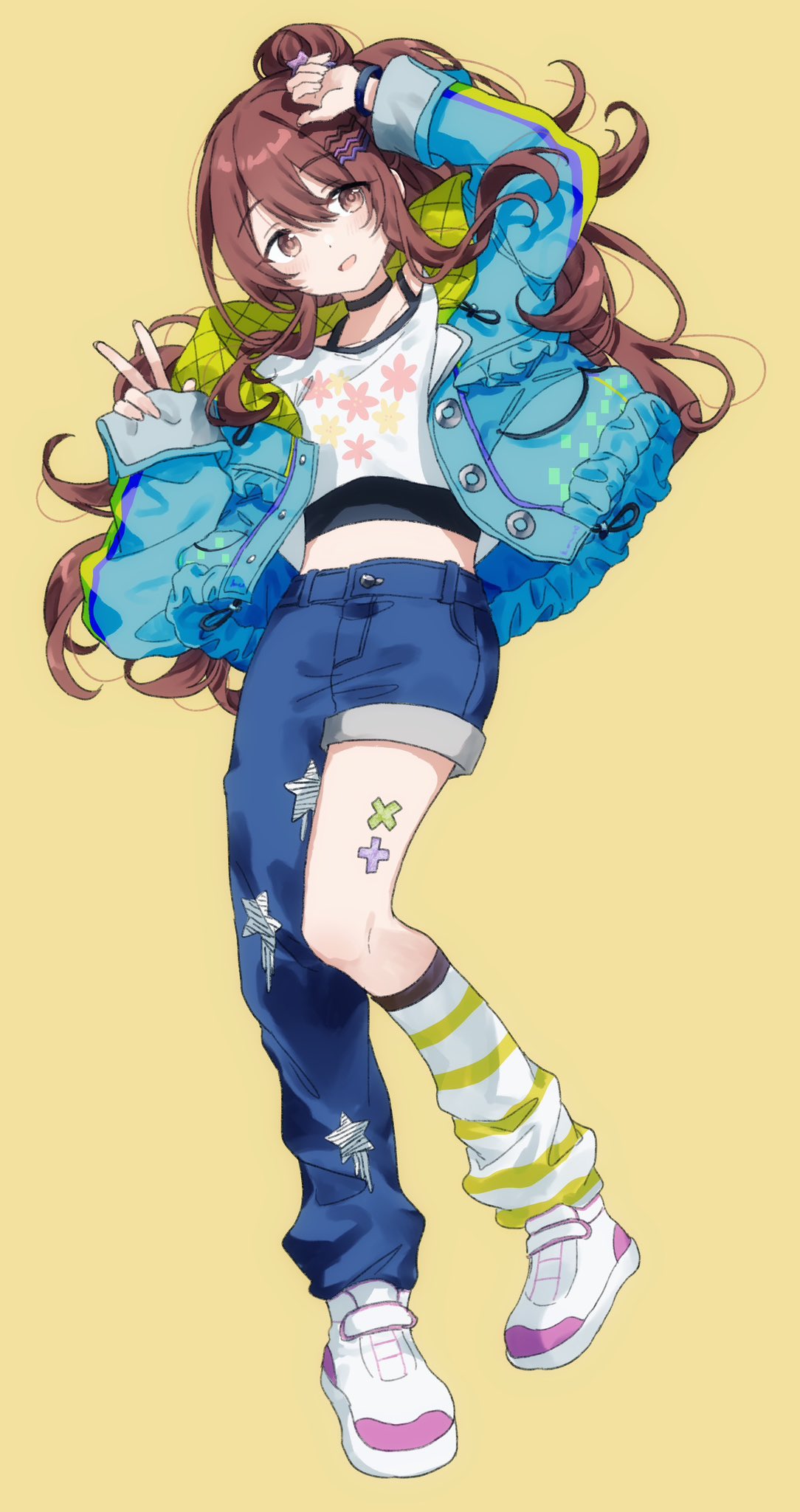 1girl arm_up asymmetrical_clothes black_choker black_shirt blue_jacket blush bracelet brown_hair choker collarbone crop_top denim double-parted_bangs full_body hair_between_eyes hair_ornament hairclip highres idolmaster idolmaster_shiny_colors jacket jeans jewelry kneehighs long_hair long_sleeves loose_socks midriff migolu open_clothes open_jacket osaki_tenka pants shirt shoes simple_background single_pantsleg sneakers socks solo sticker_on_leg striped_clothes striped_socks very_long_hair white_shirt yellow_background