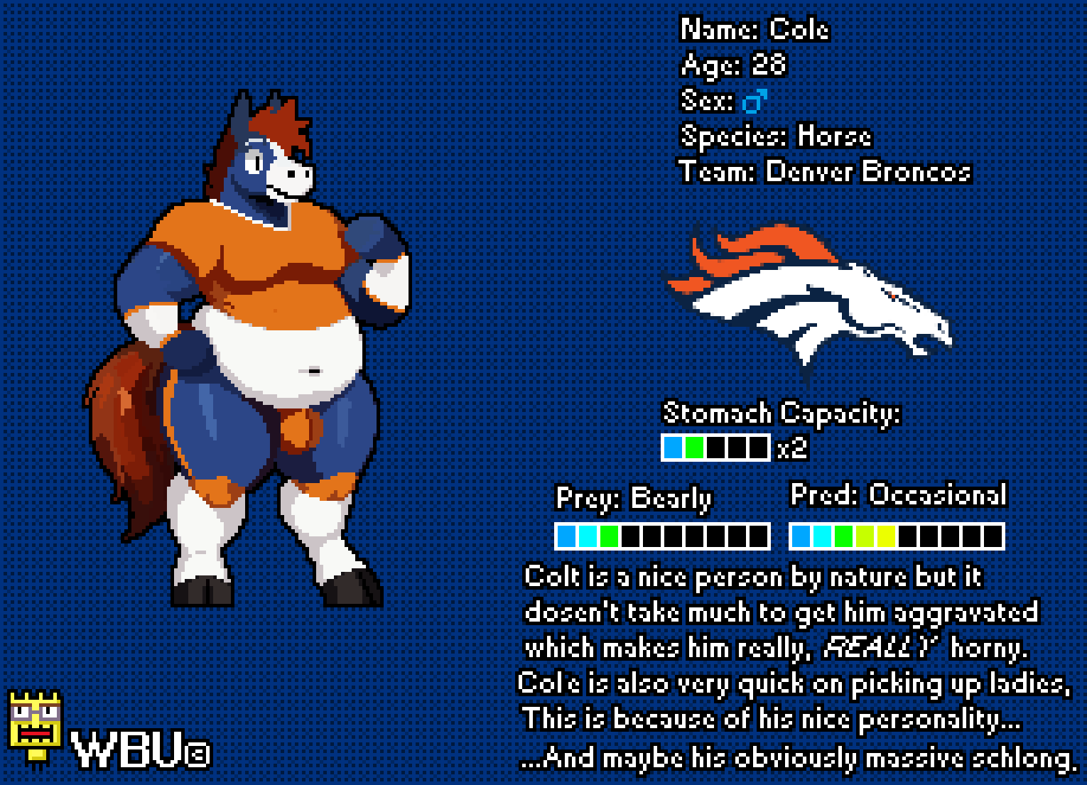 anthro blue_body bulge character_name clothed clothing cole_(wbu) denver_broncos digital_media_(artwork) english_text equid equine exposed_belly hair hooves horse knee_pads logo male mammal model_sheet moobs navel nfl simple_background slightly_chubby smile solo sport tail text tight_clothing topwear wbu