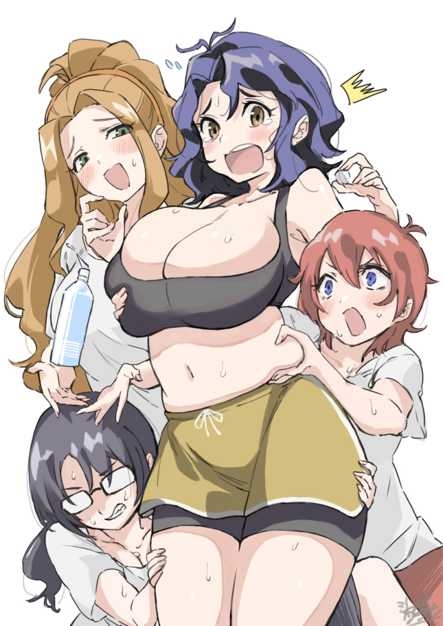 4girls ^^^ ahoge antenna_hair armpits bare_shoulders black_hair black_tank_top blonde_hair blue_eyes blue_hair blush bottle breasts brown_eyes brown_hair cleavage clenched_teeth collarbone cowboy_shot curvy dolphin_shorts dot_nose eyelashes glasses grabbing grabbing_another's_breast hair_between_eyes hand_on_another's_stomach hands_on_another's_thighs high_ponytail huge_breasts idolmaster idolmaster_million_live! idolmaster_million_live!_theater_days julia_(idolmaster) large_breasts long_hair low_twintails mitogawawataru multiple_girls navel nikaidou_chizuru opaque_glasses open_mouth red_hair shirt short_hair short_sleeves shorts sidelocks signature simple_background sleeveless sweat sweatdrop takayama_sayoko tank_top tearing_up teeth thighs toyokawa_fuka twintails v-shaped_eyebrows very_long_hair water_bottle wavy_hair white_background white_shirt