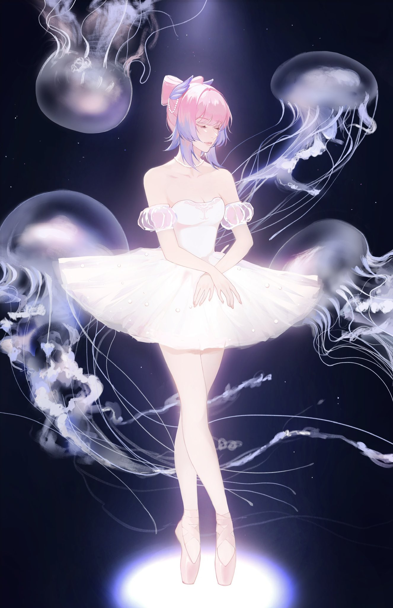 1girl ballerina ballet_slippers bare_shoulders black_background bow-shaped_hair breasts cleavage closed_eyes colored_tips crossed_arms detached_sleeves dress facing_down genshin_impact highres jellyfish jewelry multicolored_hair necklace pink_footwear pink_hair pink_lips purple_hair sangonomiya_kokomi short_sleeves small_breasts solo sumi_(suumiko_) white_dress