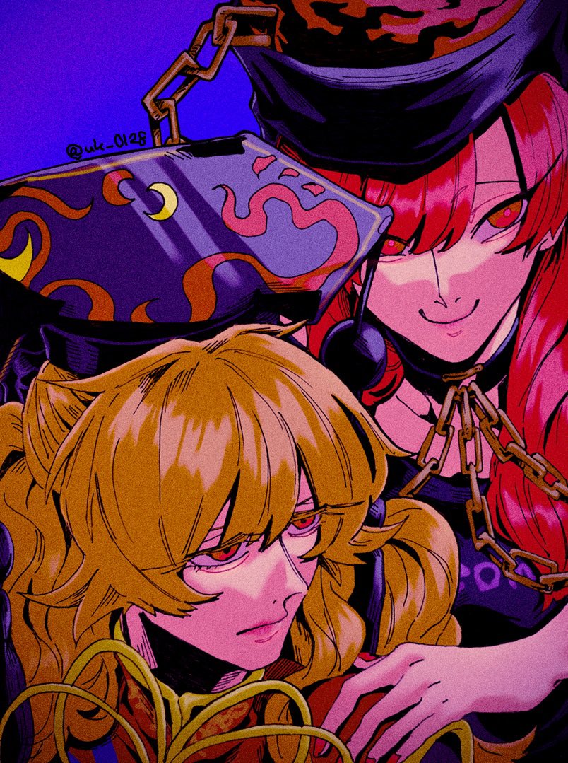 2girls animal_print bare_shoulders bird_print black_choker black_dress black_nails black_shirt blush chain chinese_clothes choker closed_mouth collarbone crescent crescent_print dress eyelashes fingernails hair_between_eyes hand_up hat hecatia_lapislazuli hug hug_from_behind junko_(touhou) long_hair long_sleeves looking_at_viewer medium_hair multiple_girls nail_polish neck_ribbon off-shoulder_shirt off_shoulder orange_hair phoenix_crown phoenix_print pink_eyes pink_hair pink_nails purple_background raya_(uk_0128) red_eyes red_tabard ribbon shirt short_sleeves simple_background smile standing t-shirt tabard touhou twitter_username underworld_(ornament) wavy_hair wide_sleeves yellow_ribbon yuri