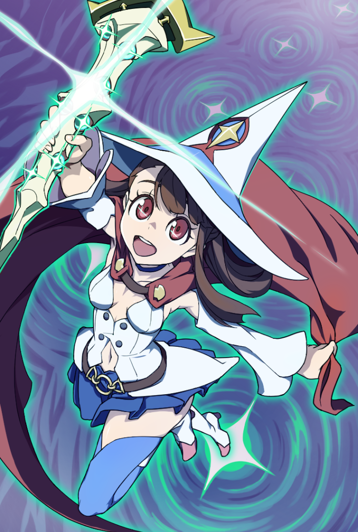 1girl brown_hair cape clothing_cutout cosplay hat kagari_atsuko little_witch_academia long_hair navel navel_cutout open_mouth red_eyes shiny_chariot shiny_chariot_(cosplay) shiny_rod_(little_witch_academia) smile tag tagme uganda_(ugandam_00) witch witch_hat