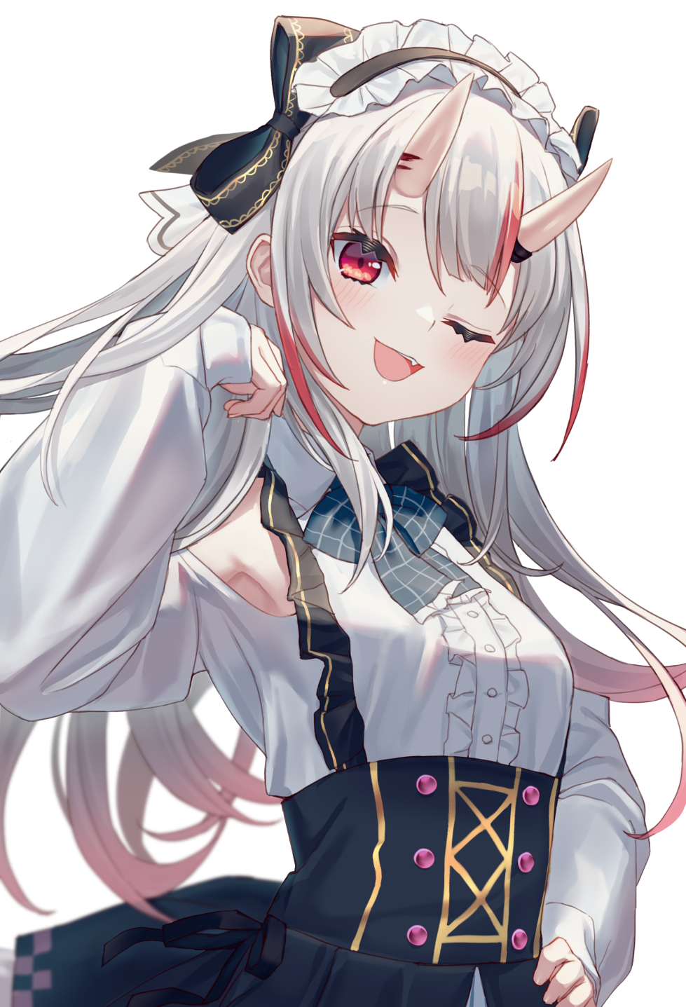 1girl blush fang gradient_hair highres hololive horns long_hair looking_at_viewer multicolored_hair nakiri_ayame nakiri_ayame_(girly) official_alternate_costume one_eye_closed open_mouth red_eyes red_hair shikinagi shirt skin-covered_horns smile solo streaked_hair virtual_youtuber white_hair white_shirt