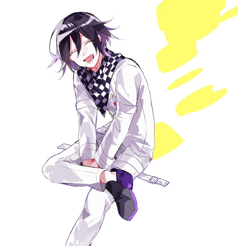 1boy arms_between_legs black_hair buttons checkered_clothes checkered_scarf closed_eyes crossed_legs danganronpa_(series) danganronpa_v3:_killing_harmony flipped_hair hair_between_eyes happy invisible_chair kuku_(gsvf5358) long_sleeves male_focus oma_kokichi open_mouth purple_hair scarf short_hair simple_background sitting smile solo straitjacket teeth white_background