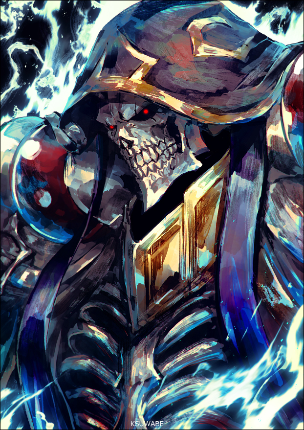 1boy ainz_ooal_gown armor artist_name black_hood bone commentary_request hood k-suwabe lich magic necromancer overlord_(maruyama) pauldrons purple_shawl red_eyes ribs shawl shoulder_armor skeleton skull solo undead upper_body