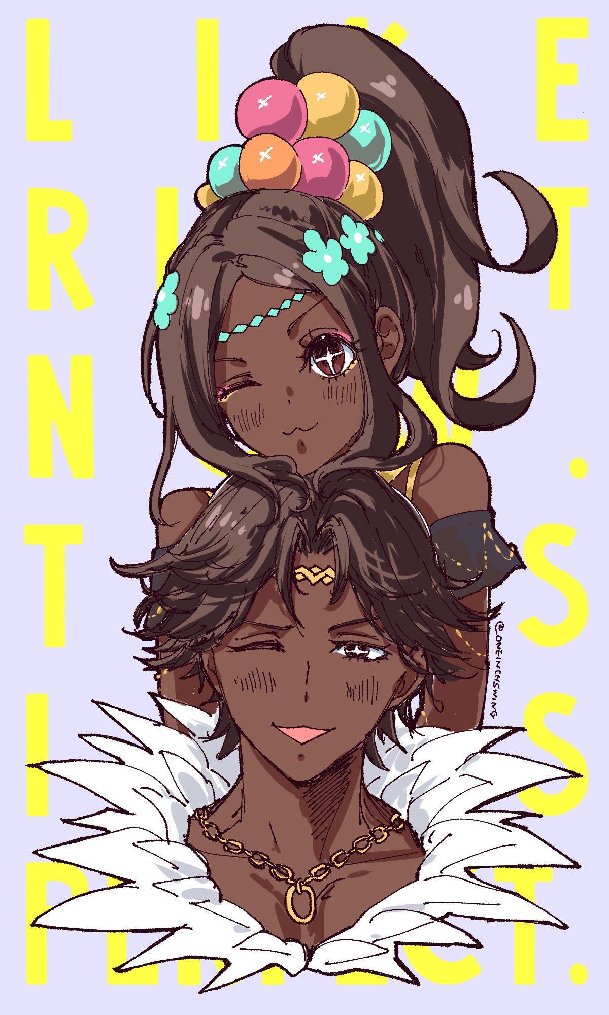 1boy 1girl :3 bright_pupils brother_and_sister brown_eyes circlet commentary cropped_shoulders cropped_torso cross-shaped_pupils dark-skinned_female dark-skinned_male dark_skin english_commentary fire_emblem fire_emblem_engage fogado_(fire_emblem) gold_necklace grey_background high_ponytail highres jewelry medium_hair necklace one_eye_closed open_mouth short_hair siblings simple_background smile symbol-shaped_pupils timerra_(fire_emblem) umi_(_oneinchswing) very_dark_skin white_pupils