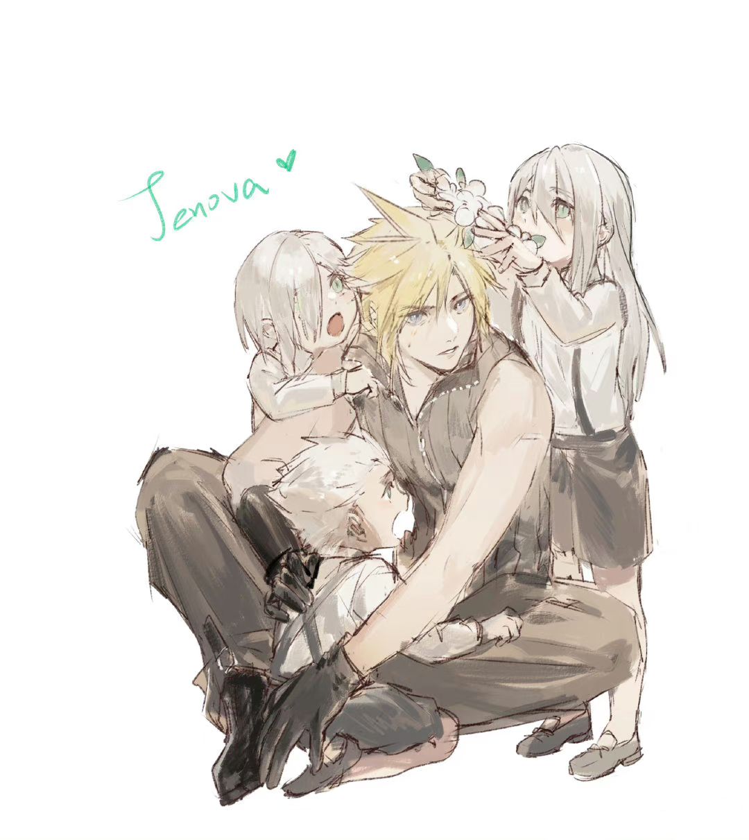 4boys :o age_difference aged_down arms_up black_footwear black_gloves black_shorts black_vest blonde_hair blue_eyes child clothes_grab cloud_strife commentary crossed_legs final_fantasy final_fantasy_vii final_fantasy_vii_advent_children flower full_body gloves green_eyes grey_hair hair_over_one_eye hair_slicked_back hand_on_another's_back hand_on_another's_shoulder hashtag-only_commentary head_wreath heart highres holding holding_flower kadaj kneeling leaning_forward leaning_on_person long_hair looking_to_the_side looking_up loz lydiaaa male_focus multiple_boys no_armor on_lap open_mouth parted_lips shirt short_hair shorts sidelocks simple_background sitting slit_pupils spiked_hair suspender_shorts suspenders sweatdrop vest white_background white_flower white_shirt yazoo