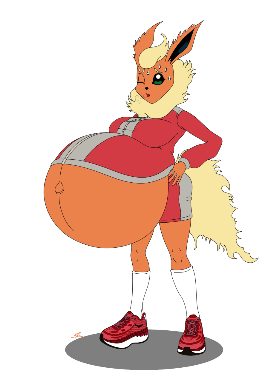 angie_(blackmetaltowonja) anthro belly big_belly big_breasts blackmetaltowonja bodily_fluids breasts clothing eeveelution female flareon footwear generation_1_pokemon hand_on_hip hi_res huge_belly hyper hyper_pregnancy nintendo pokemon pokemon_(species) pregnant pregnant_female shoes sneakers solo sweat