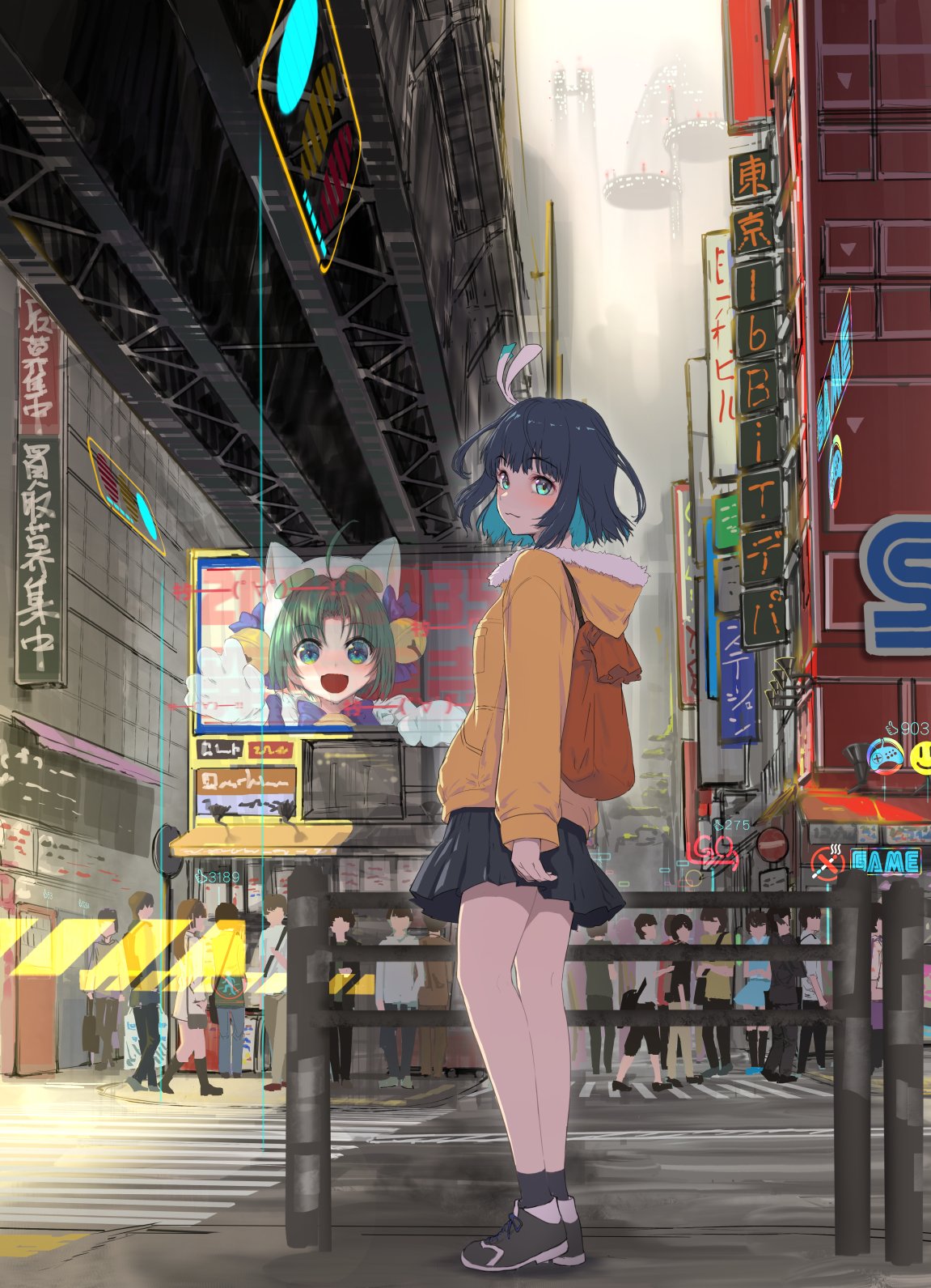 16bit_sensation 6+boys 6+girls akihabara_(tokyo) akisato_konoha aqua_eyes backpack bag blue_hair blush chourui_keiko commentary_request dejiko di_gi_charat full_body highres holographic_interface hood hooded_jacket jacket multiple_boys multiple_girls outdoors road science_fiction shoes short_hair skirt smile sneakers solo_focus standing street