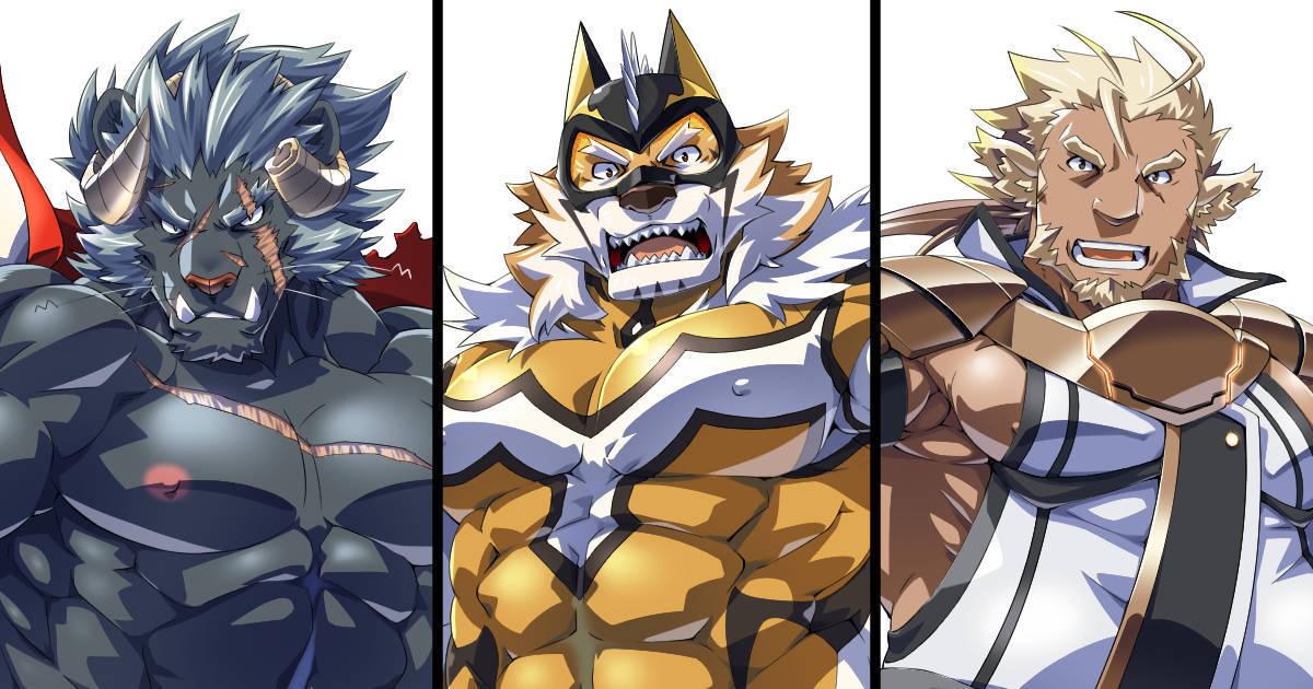 abs animal_humanoid anthro blonde_hair clothing facial_hair felid group hair huckle humanoid krampus_(tas) lifewonders live_a_hero male mammal mask monster muscular muscular_anthro muscular_male nipples pantherine pecs ryekie_(live_a_hero) scar shirtless spandex superhero tiger tight_clothing tokyo_afterschool_summoners toratorayatora trio