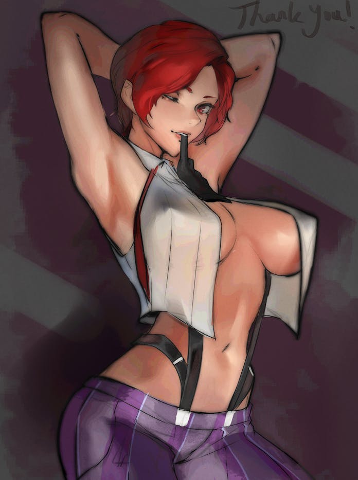 1girl arms_behind_head biting breasts glove_biting gloves juaag_acgy looking_at_viewer midriff one_eye_closed pants posing purple_pants red_eyes short_hair smile the_king_of_fighters the_king_of_fighters_xv vanessa_(kof)