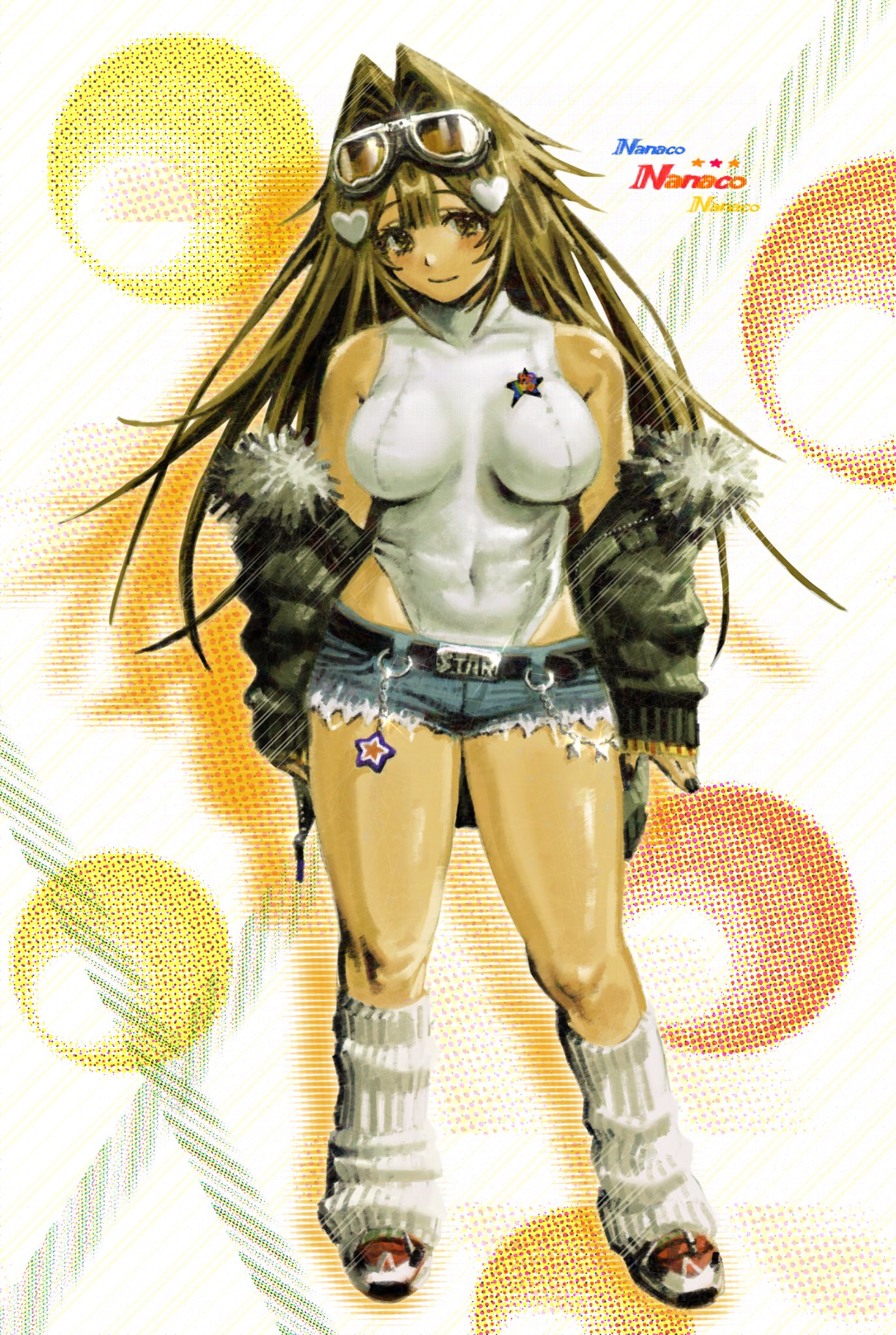 1girl belt belt_buckle black_belt black_nails blue_shorts blush breasts brown_eyes brown_hair buckle chain character_name closed_mouth covered_navel cutoffs denim denim_shorts full_body fur-trimmed_jacket fur_trim glint goggles goggles_on_head green_jacket hair_intakes hair_ornament hairclip halftone heart heart_hair_ornament highres hott0g111 jacket large_breasts leg_warmers leotard long_hair looking_at_viewer micro_shorts multicolored_background nail_polish nanaco_(hott0g111) open_clothes open_jacket orange_footwear original shoes shorts smile solo standing star_(symbol) white_background white_leg_warmers white_leotard