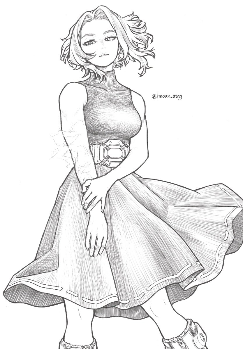 1girl bare_shoulders belt belt_buckle boku_no_hero_academia buckle collarbone dress feet_out_of_frame hatching_(texture) horikoshi_kouhei_(style) imoan_atag lady_nagant legs_apart light_smile linear_hatching medium_skirt monochrome open_mouth own_hands_together scar scar_on_arm sidelocks simple_background skirt sleeveless sleeveless_dress sleeveless_turtleneck sleeveless_turtleneck_dress solo standing turtleneck twitter_username utility_belt white_background zipper_footwear