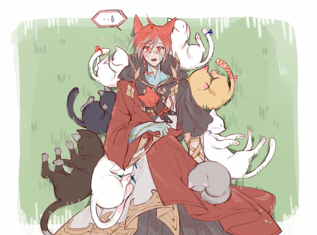 ... 1boy :o cat cloak crystal_exarch final_fantasy final_fantasy_xiv g'raha_tia hood hooded_cloak looking_at_viewer lying male_focus material_growth miqo'te on_back on_grass open_mouth red_eyes red_hair solo spoken_ellipsis tladpwl03 too_many too_many_cats wide-eyed