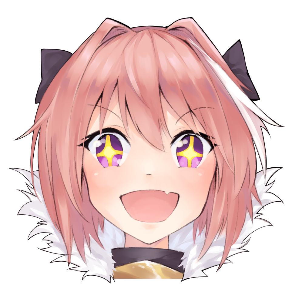 +_+ 1boy astolfo_(fate) black_bow blush bow fang fate/apocrypha fate_(series) fur_trim gorget hair_between_eyes hair_bow hair_intakes male_focus multicolored_hair open_mouth otoko_no_ko pink_hair portrait purple_eyes short_hair skin_fang smile solo sparkling_eyes streaked_hair two-tone_hair white_hair yokura_(yukilina)