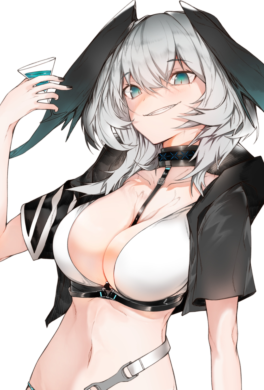 1girl aqua_eyes arknights black_choker black_shirt breasts choker cleavage commentary_request ekuesu grey_hair grin head_wings highres ho'olheyak_(arknights) infection_monitor_(arknights) large_breasts long_hair midriff navel open_clothes open_shirt shirt simple_background smile solo stomach upper_body white_background wings