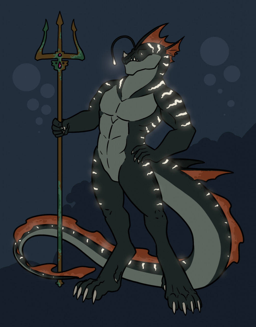 anglerfish anthro bioluminescence daxlmonitor digitigrade fish glowing hi_res long_tail male marine melee_weapon membrane_(anatomy) muscular polearm snaggle_tooth solo tail trident weapon