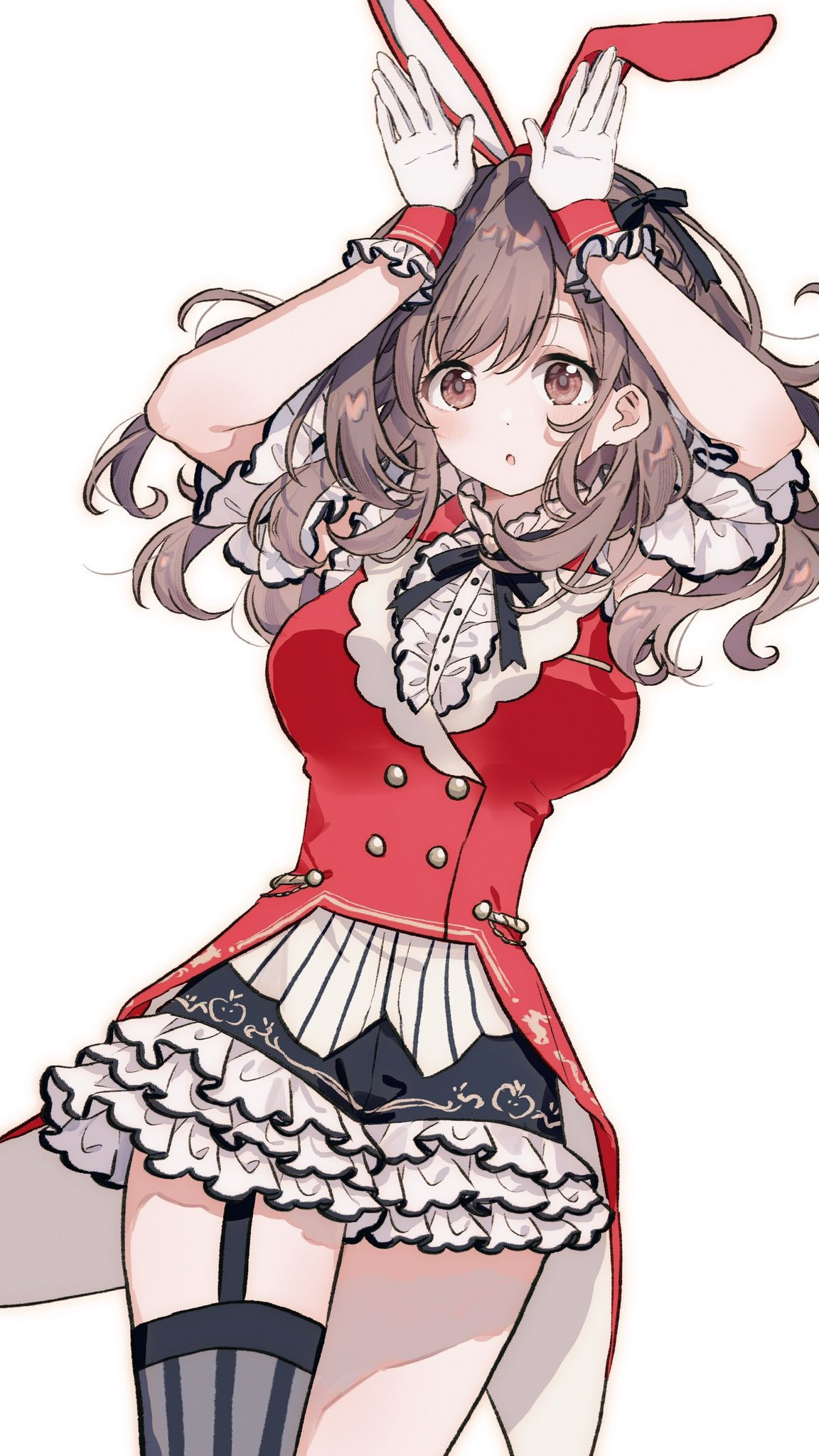 1girl animal_ears armband arms_up black_ribbon breasts brown_eyes brown_hair buttons center_frills cowboy_shot double-breasted dutch_angle fake_animal_ears frilled_armband frilled_gloves frilled_shorts frills garter_straps gloves heart highres idolmaster idolmaster_shiny_colors jacket long_hair looking_at_viewer migolu neck_ribbon open_mouth rabbit_ears rabbit_pose red_jacket ribbon shorts simple_background single_thighhigh thighhighs tsukioka_kogane white_background white_gloves