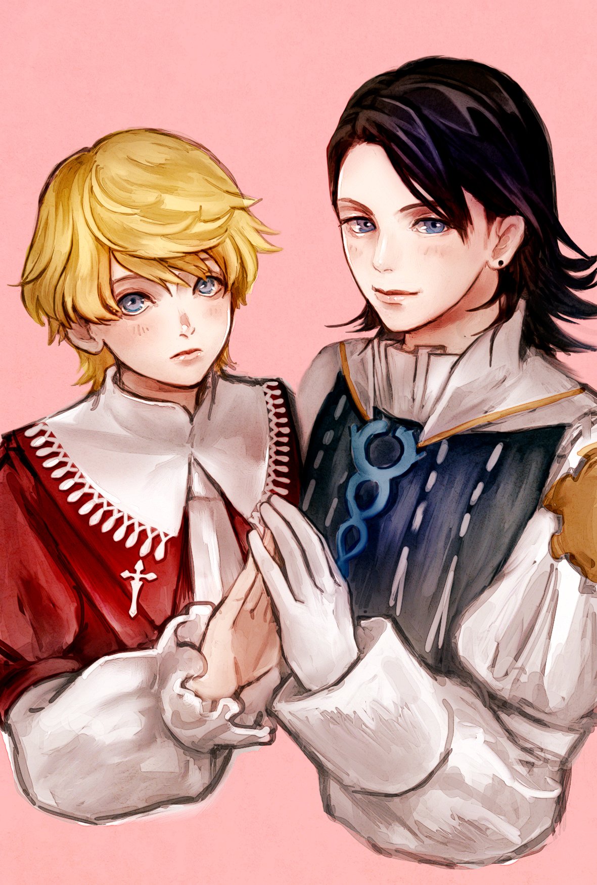 2boys aged_down azuiyo7210 black_hair blonde_hair blue_eyes blush closed_mouth cropped_torso earrings final_fantasy final_fantasy_xii final_fantasy_xvi gloves high_collar highres holding_hands jewelry joshua_rosfield juliet_sleeves larsa_ferrinas_solidor light_blush long_sleeves looking_at_viewer male_focus multiple_boys open_hand pink_background puffy_sleeves red_robe robe short_hair stud_earrings upper_body white_gloves