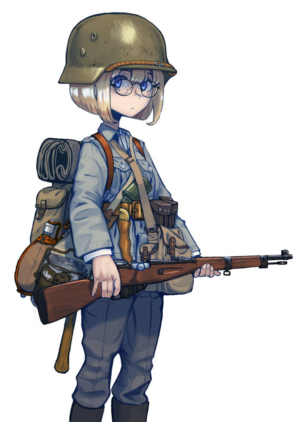 1girl ammunition_pouch backpack bag bedroll black_footwear blonde_hair blue_eyes bolt_action boots breast_pocket buttons canteen combat_helmet commentary commission dagger entrenching_tool erica_(naze1940) explosive finnish_army glasses grenade gun helmet highres holding holding_gun holding_weapon jacket knife load_bearing_equipment long_sleeves looking_at_viewer medium_hair mess_kit messenger_bag military military_uniform mosin-nagant original pants pocket pouch rifle round_eyewear shirt shoulder_bag simple_background soldier solo stahlhelm standing stielhandgranate uniform upper_body weapon white_background white_shirt world_war_ii