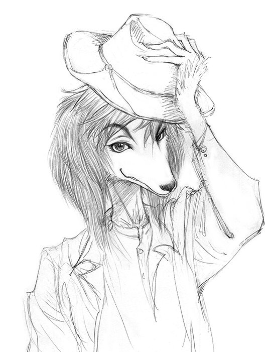 anthro canid canine clothed clothing female fully_clothed fur graphite_(artwork) greyscale hair hat hat_tip headgear headwear looking_at_viewer mammal marudi monochrome pencil_(artwork) simple_background sketch smile solo traditional_media_(artwork) white_background