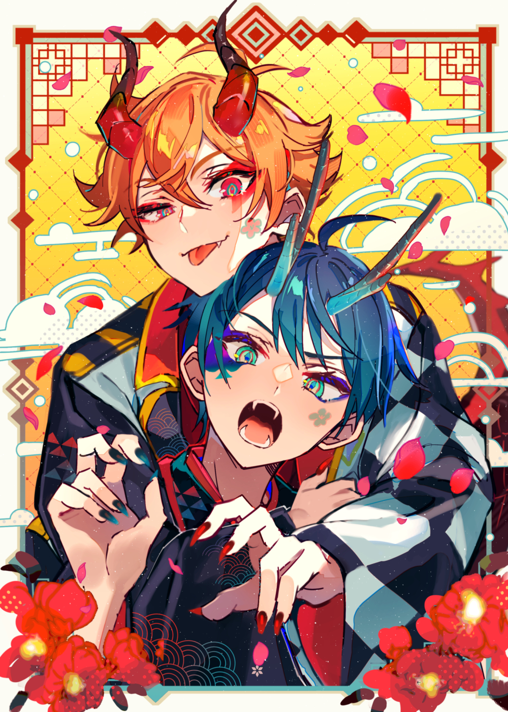 2boys ace_trappola ahoge bishounen blue_hair blue_nails checkered_clothes checkered_kimono chinese_new_year chinese_zodiac claw_pose deuce_spade dragon_boy dragon_horns eyelashes fangs flower green_eyes hair_between_eyes half-closed_eye highres horns hug hug_from_behind japanese_clothes kimono male_focus multiple_boys new_year onko open_mouth orange_hair red_eyes red_flower red_nails ringed_eyes short_hair tongue tongue_out twisted_wonderland upper_body year_of_the_dragon