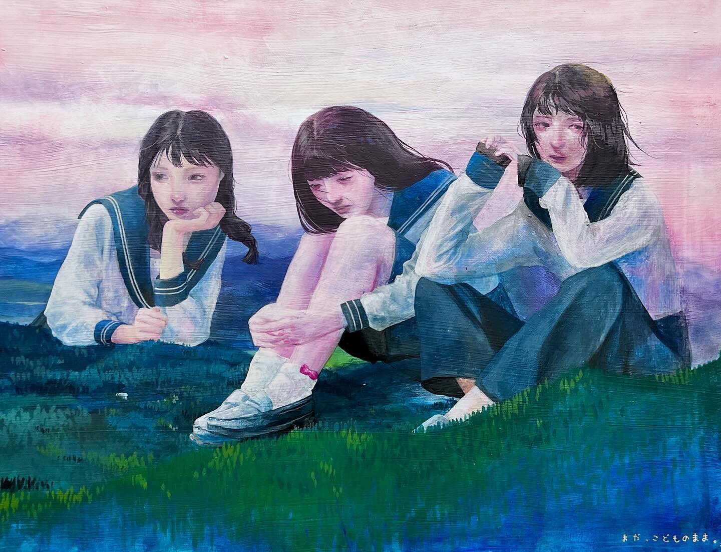 3girls black_hair blue_pants blue_sailor_collar blue_skirt blunt_bangs braid closed_mouth crossed_ankles giant giantess head_rest hugging_own_legs indian_style kiduki_yo loafers long_hair long_sleeves looking_at_viewer looking_to_the_side low_twin_braids medium_hair multiple_girls original outdoors painting_(medium) pants realistic sailor_collar school_uniform serafuku shoes sitting skirt socks traditional_media twin_braids white_socks