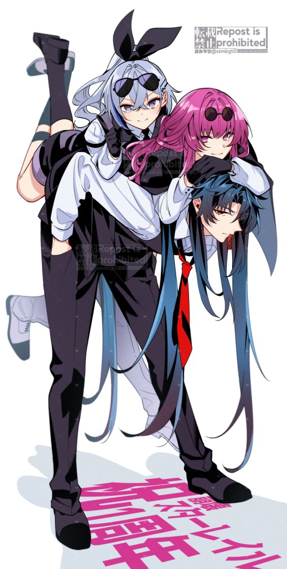 1boy 1girl 2girls black_gloves black_jacket blade_(honkai:_star_rail) closed_mouth drill_hair eyewear_on_head gloves grey_eyes grey_hair hair_between_eyes hair_over_one_eye hand_in_pocket honkai:_star_rail honkai_(series) jacket kafka_(honkai:_star_rail) long_hair long_sleeves looking_at_viewer multiple_girls necktie ponytail purple_eyes purple_hair red_eyes red_necktie round_eyewear shirt silver_wolf_(honkai:_star_rail) smile sunglasses takamatsu_(yamajiai)