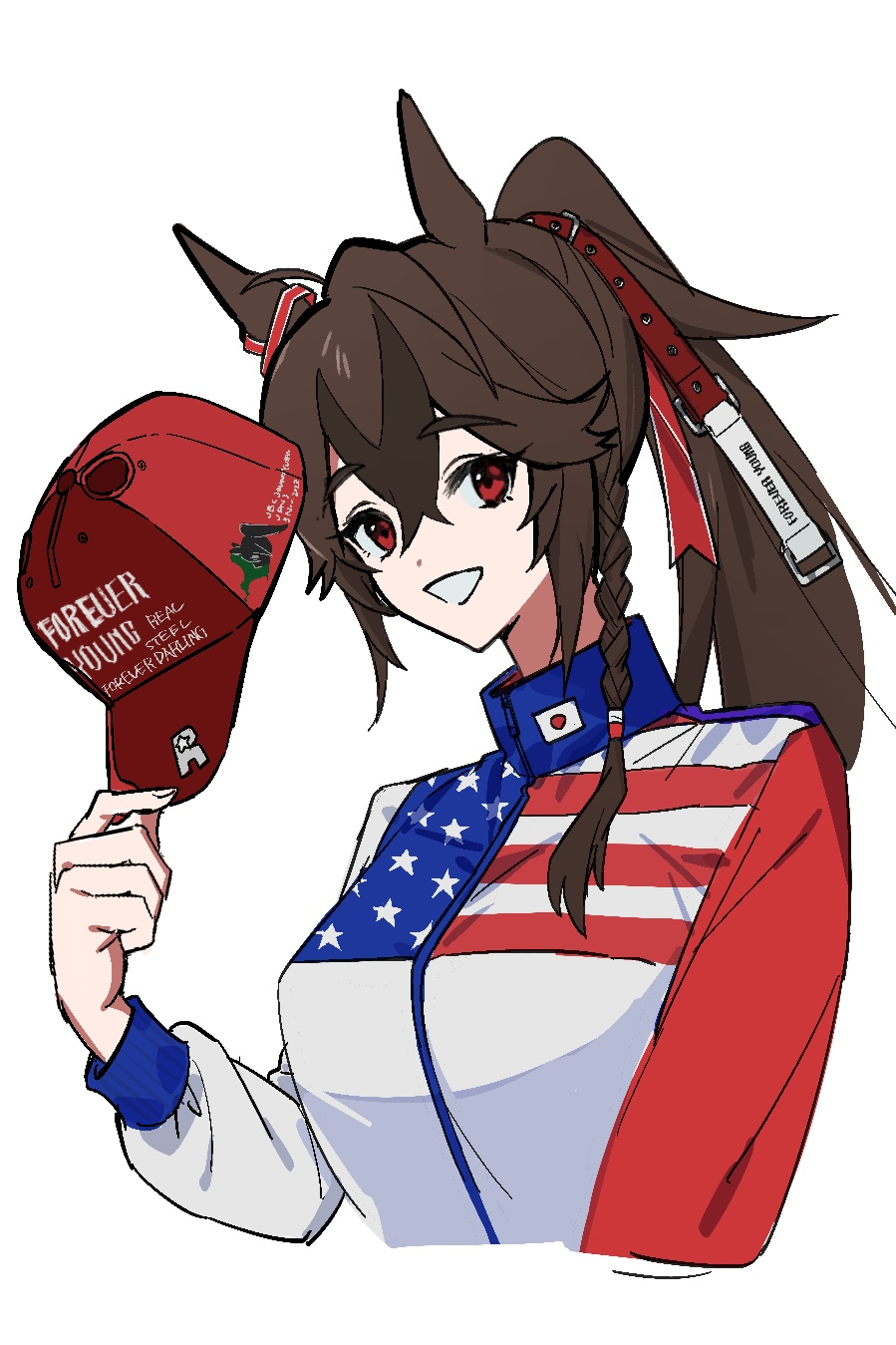 1girl american_flag american_flag_jacket braid brown_hair closed_jacket clothes_writing collared_jacket forever_young_(racehorse) hair_between_eyes hat high_ponytail highres holding holding_clothes holding_hat jacket japanese_flag long_hair long_sleeves looking_at_viewer multicolored_hair original ponytail red_hat simple_background single_braid solo two-tone_hair umamusume unworn_hat unworn_headwear user_axvv5872 white_background