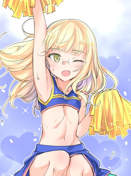 1girl aohashi_ame blonde_hair blue_background blush breasts cheerleader heart long_hair looking_at_viewer midriff miniskirt navel one_eye_closed open_mouth perrine_h._clostermann pom_pom_(cheerleading) simple_background skirt small_breasts smile solo strike_witches world_witches_series yellow_eyes