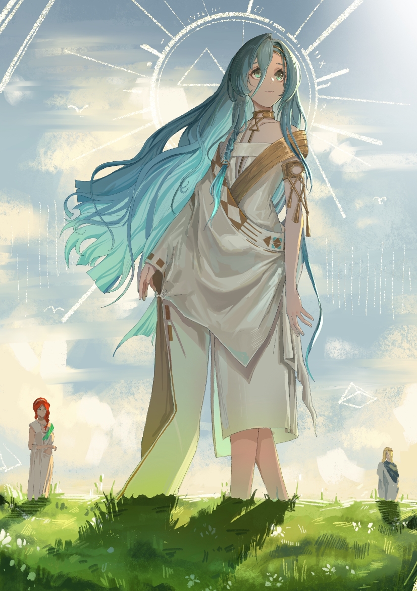 1girl 2boys 2girls ancient_greek_clothes aqua_eyes aqua_hair armlet blue_hair blue_sky character_request cloud day dress feet_out_of_frame gold_choker gold_trim grass greco-roman_clothes green_eyes hair_between_eyes holding long_hair looking_up multiple_boys multiple_girls outdoors red_hair reverse:1999 robe shadow sky smile solo_focus standing sunlight toga triangle very_long_hair white_dress white_robe zilia