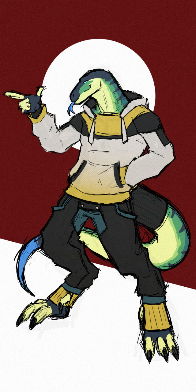 abstract_background anthro clothed clothing daxl_(daxlmonitor) daxlmonitor forked_tongue furgonomics gesture hand_gesture hand_in_pocket head_turned hi_res lizard long_tail male monitor_lizard pockets pointing reptile scalie sketch solo tail tapering_tail tongue tongue_out