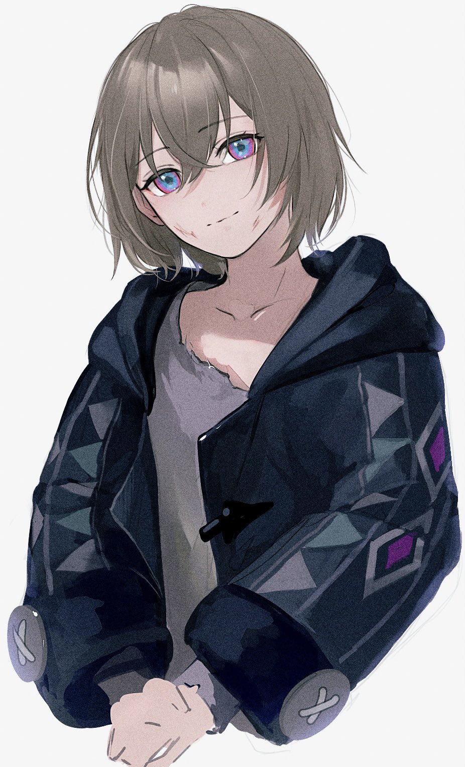 1boy aged_down anna_(drw01) aventurine_(honkai:_star_rail) blonde_hair closed_mouth hair_between_eyes highres honkai:_star_rail honkai_(series) hood hood_down hoodie long_sleeves looking_at_viewer male_focus multicolored_eyes shirt short_hair simple_background solo torn_clothes torn_shirt two-tone_eyes upper_body white_background