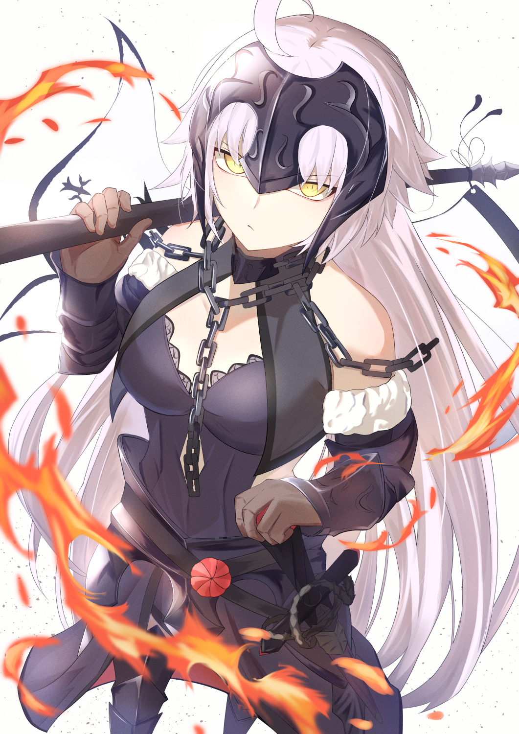 1girl armor bare_shoulders black_gloves breasts chain cleavage clothing_cutout elbow_gloves fate/grand_order fate_(series) fire flag fur_trim gauntlets gloves headpiece highres jeanne_d'arc_alter_(avenger)_(fate) jeanne_d'arc_alter_(avenger)_(third_ascension)_(fate) jeanne_d'arc_alter_(fate) large_breasts long_hair looking_at_viewer solo sword umi_endu very_long_hair weapon yellow_eyes