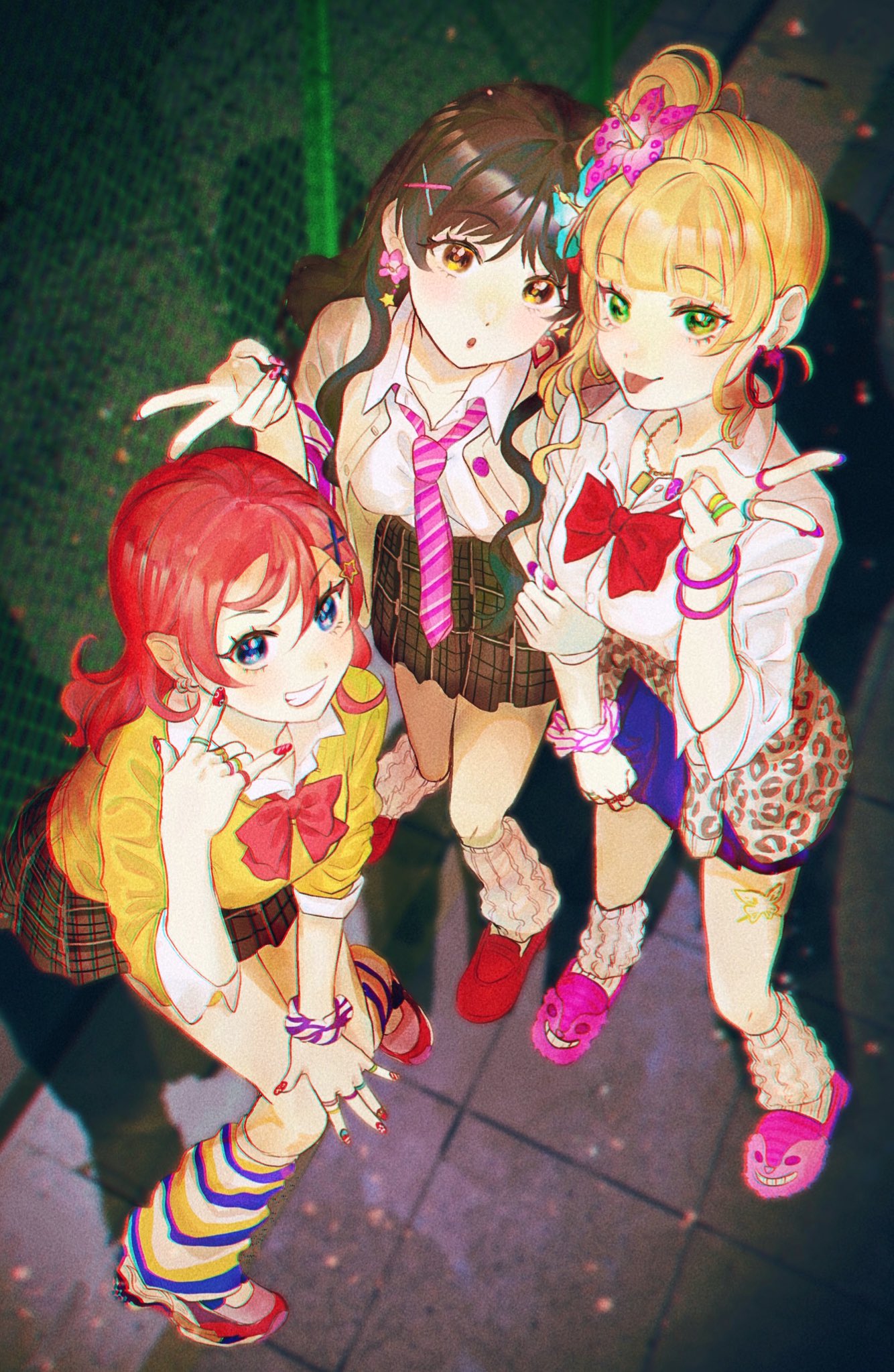 3girls :o :p alternate_costume alternate_hairstyle animal_print black_hair blonde_hair blue_eyes blunt_bangs blurry blush bow bowtie chain-link_fence chromatic_aberration clenched_teeth cross_hair_ornament curly_hair depth_of_field earrings fence flower_earrings green_eyes gyaru hair_ornament hazuki_ren heanna_sumire highres hoop_earrings jacket jewelry leaf long_hair looking_at_viewer loose_necktie loose_socks love_live! love_live!_superstar!! medium_hair multicolored_nails multiple_girls multiple_rings neck_ribbon necklace necktie open_clothes open_jacket pavement plaid plaid_skirt pleated_skirt ponytail porkmisonico red_hair red_nails ribbon ring school_uniform shadow shirt shoes side_ponytail skirt smile sneakers socks star_(symbol) star_earrings sweater teeth tongue tongue_out yellow_eyes yellow_sweater yoneme_mei