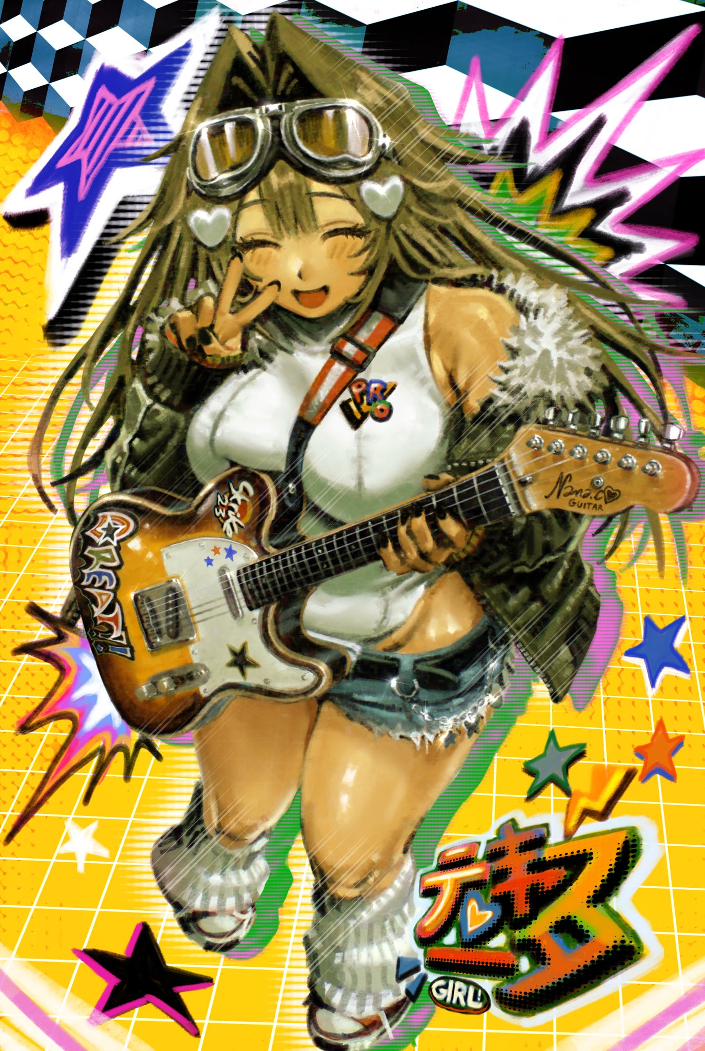 1girl ^_^ belt belt_buckle black_belt black_nails blue_shorts blush breasts brown_hair buckle chain closed_eyes cutoffs denim denim_shorts electric_guitar full_body glint goggles goggles_on_head guitar hair_intakes hair_ornament hairclip heart heart_hair_ornament highres holding holding_guitar holding_instrument hott0g111 instrument jacket large_breasts leg_warmers leotard long_hair looking_at_viewer micro_shorts multicolored_background nail_polish nanaco_(hott0g111) open_mouth original shoes shorts smile solo star_(symbol) v white_leg_warmers yellow_background