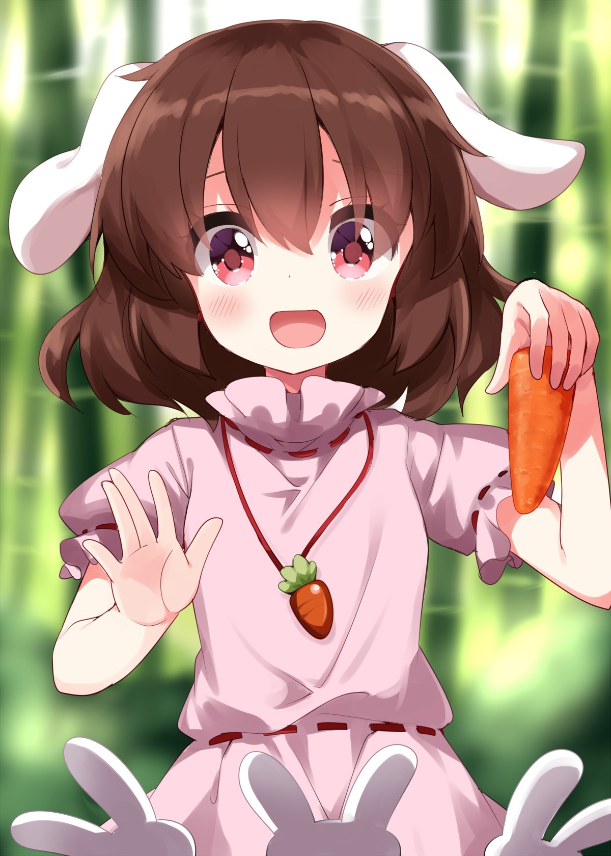 1girl :d animal_ears bamboo bamboo_forest blush brown_hair carrot carrot_necklace commentary_request dress floppy_ears food forest highres holding holding_food holding_vegetable inaba_mob_(touhou) inaba_tewi jewelry nature necklace open_mouth outdoors pink_dress puffy_short_sleeves puffy_sleeves rabbit_ears rabbit_girl red_eyes ribbon-trimmed_dress ruu_(tksymkw) short_hair short_sleeves smile solo touhou upper_body vegetable