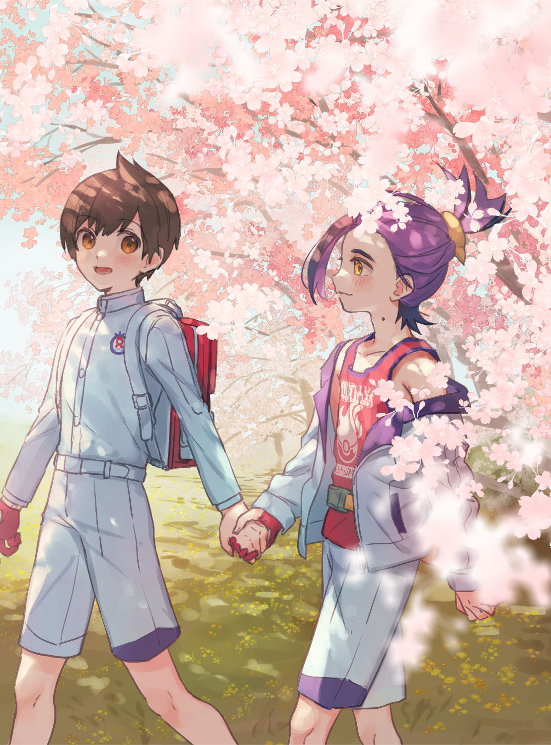 2boys backpack bag black_hair blush brown_hair cherry_blossoms closed_mouth day florian_(pokemon) gloves highres holding_hands jacket kieran_(pokemon) long_sleeves male_focus meno_oku multicolored_hair multiple_boys open_clothes open_jacket open_mouth orange_eyes outdoors pokemon pokemon_sv purple_hair red_gloves red_tank_top shorts single_glove tank_top tree white_jacket