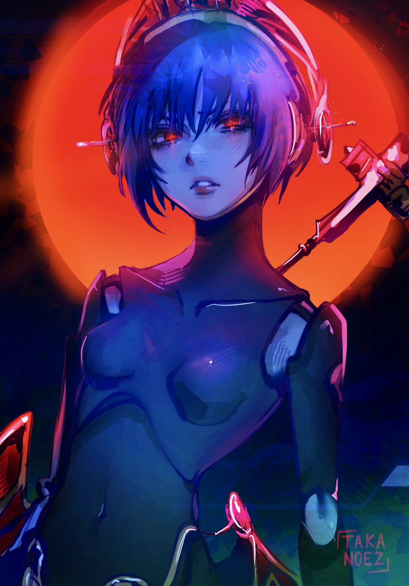 1girl android artist_name black_hair breasts collarbone commentary covered_navel full_moon glowing glowing_eyes highres holding holding_staff joints lips looking_at_viewer metis_(persona) moon parted_lips persona persona_3 red_eyes red_moon robot_ears robot_joints short_hair small_breasts solo staff takanoezz upper_body