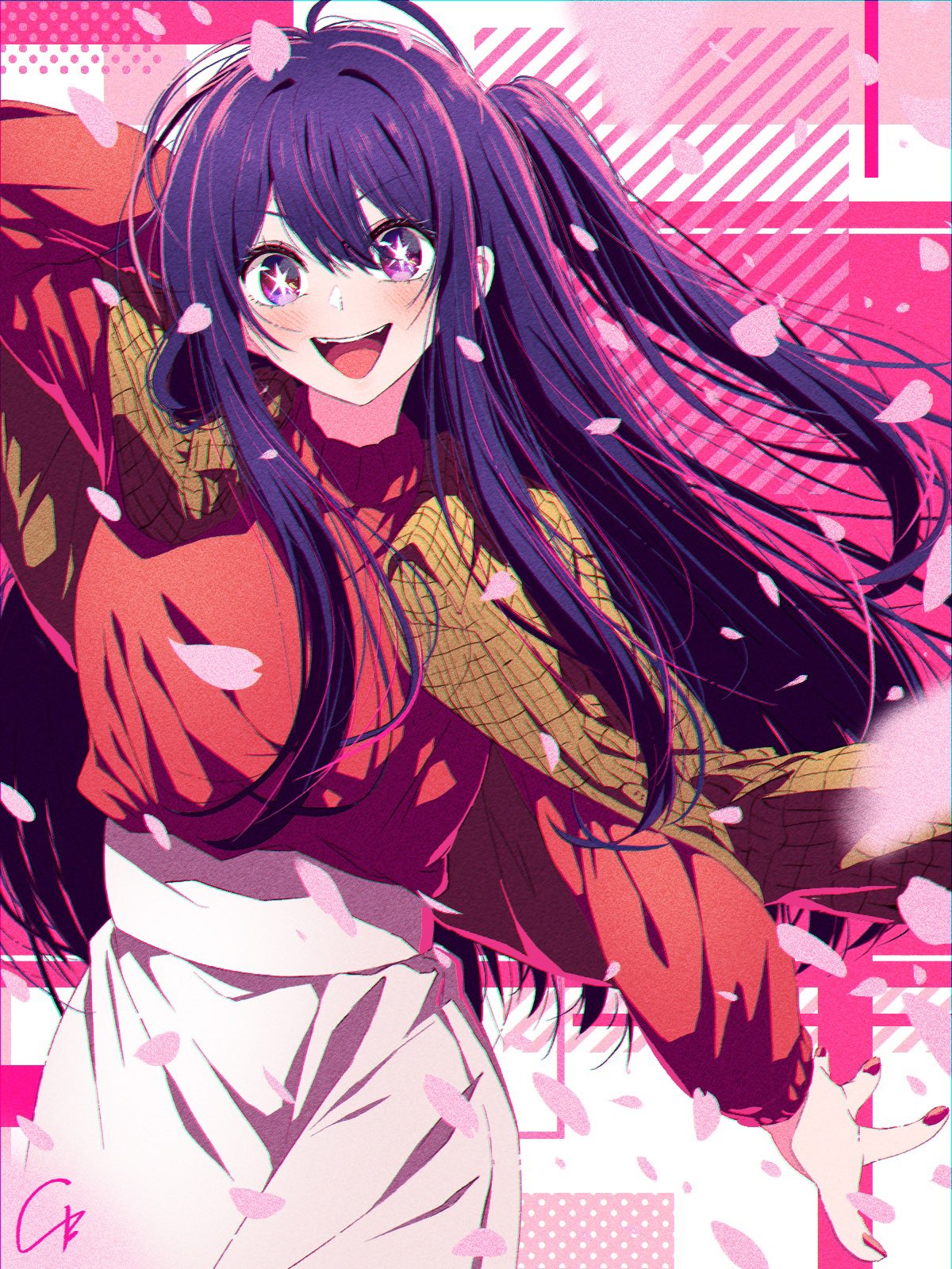 1girl 4b-enpitsu blush brown_jacket cherry_blossoms chromatic_aberration commentary cowboy_shot falling_petals film_grain floating_hair hair_between_eyes highres hoshino_ai_(oshi_no_ko) jacket jacket_on_shoulders long_hair long_sleeves looking_at_viewer nail_polish one_side_up open_mouth oshi_no_ko petals pink_skirt purple_eyes purple_hair red_nails red_sweater sidelocks skirt solo star-shaped_pupils star_(symbol) sweater symbol-only_commentary symbol-shaped_pupils teeth upper_teeth_only