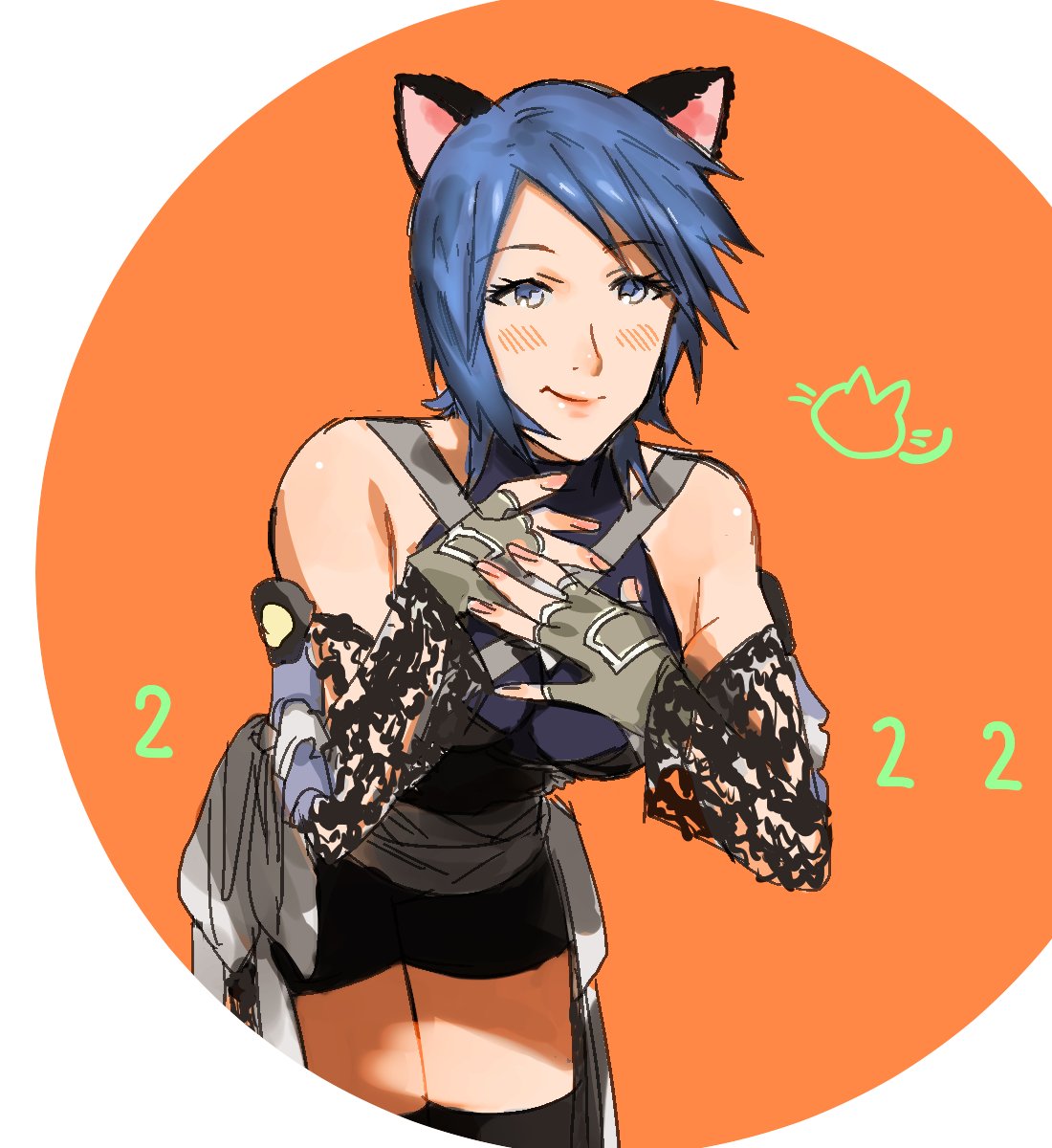 1girl animal_ears aqua_(kingdom_hearts) bike_shorts black_thighhighs blue_eyes blue_hair blush breasts cat_ears closed_mouth detached_sleeves fingerless_gloves gloves highres kingdom_hearts kingdom_hearts_birth_by_sleep lips looking_at_viewer mikuroron short_hair smile solo thighhighs