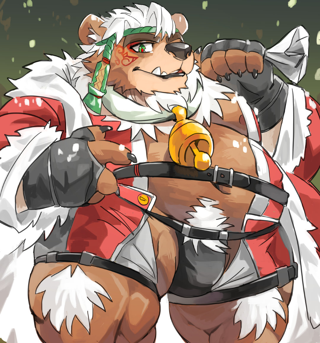 1boy ainu_clothes alternate_costume animal_ears bara bear_boy bear_ears belly brown_fur bulge chest_hair chest_tuft christmas cowboy_shot crotchless_shorts crotchless_underwear facepaint fat fat_man furry furry_male green_eyes headband kimun_kamui_(housamo) looking_at_viewer male_focus muscular muscular_male sack santa_costume scar scar_on_face scar_on_mouth snowing solo tokyo_afterschool_summoners white_hair yazoe