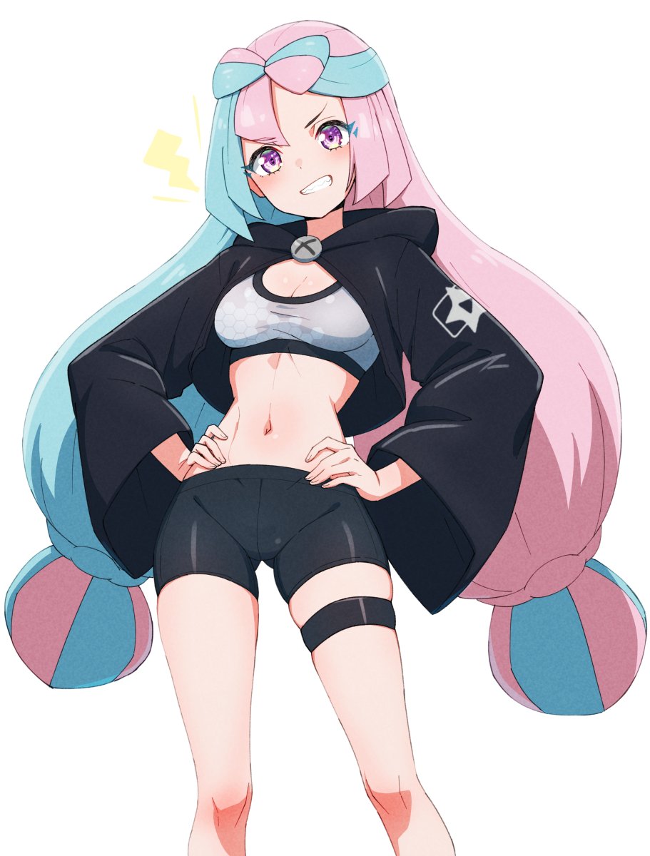 1girl alternate_costume bike_shorts black_jacket black_shorts blue_hair bow-shaped_hair breasts cleavage cowboy_shot crop_top highres iono_(pokemon) jacket kamidan long_hair long_sleeves looking_at_viewer multicolored_hair navel open_clothes open_jacket pink_eyes pink_hair pokemon pokemon_sv sharp_teeth shorts smile solo teeth thigh_strap twintails two-tone_hair very_long_hair