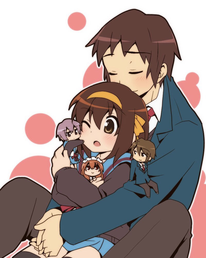 2boys 3girls asahina_mikuru blazer blue_sailor_collar blue_skirt blush brown_cardigan brown_eyes brown_hair brown_pants brown_sweater_vest cardigan chibi chibi_hug chibi_inset closed_eyes collared_shirt green_jacket hug interlocked_fingers jacket kita_high_school_uniform koizumi_itsuki kyon long_hair long_sleeves maid_headdress multiple_boys multiple_girls nagato_yuki necktie official_alternate_costume one_eye_closed open_cardigan open_clothes open_mouth orange_eyes orange_hair own_hands_together pants pleated_skirt purple_hair red_necktie red_ribbon ribbon sailor_collar school_uniform serafuku shirt short_hair sitting skirt suzumiya_haruhi suzumiya_haruhi_no_yuuutsu sweater_vest taiki_(6240taiki) tongue white_shirt winter_uniform